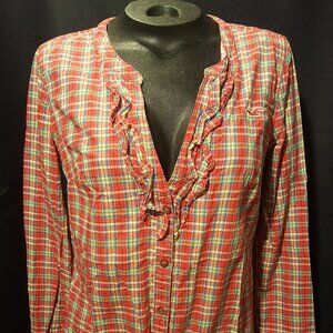 Hollister Orange Multicolor Plaid Ruffle V Neck Long Sleeve Button Down